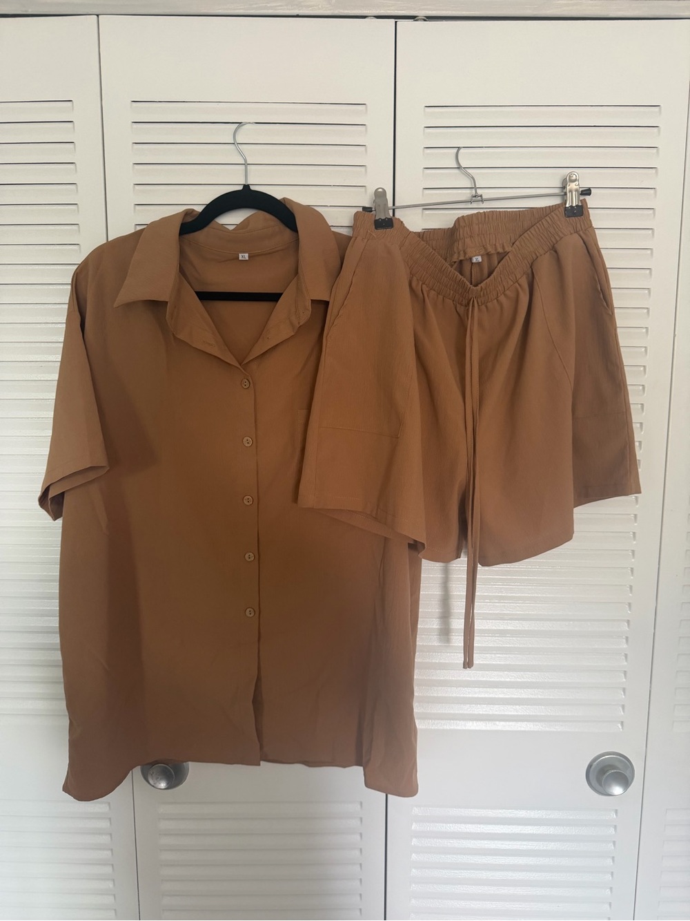 Matching Two-Piece Set — Camel Brown Button Shirt & Elastic Waist Shorts